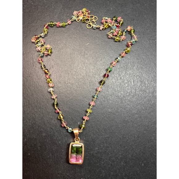 Vintage 14k & 18k gold watermelon tourmaline pendant necklace - Picture 15 of 16
